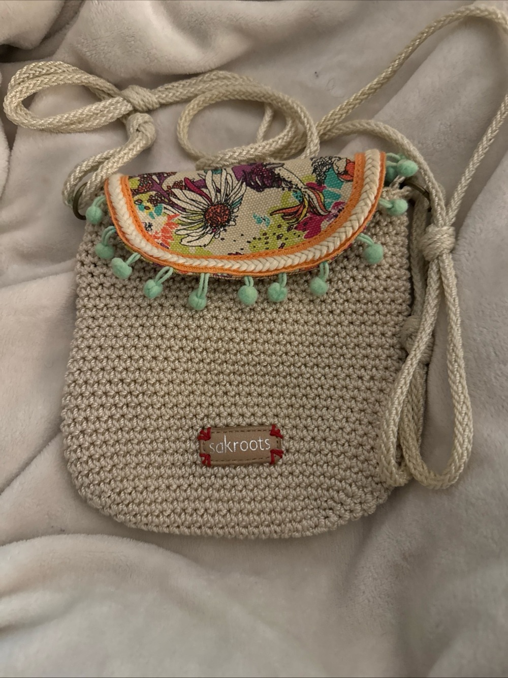 Sakroots Sayulita  Crochet Crossbody Bag with Floral Pom TrimMini Bag